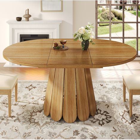 Mesa extensible redonda a ovalada 118-158 cm para 6 personas, MDF y metal, marrón DESVIAE (1/5)