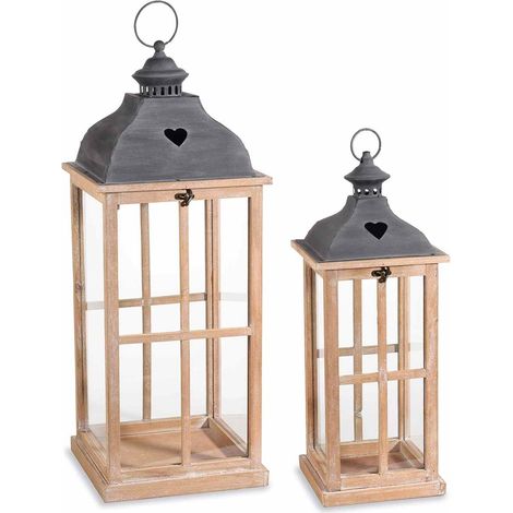 Lanterne decorative in legno e metallo con cuore intagliato set 2 pezzi (1/2)