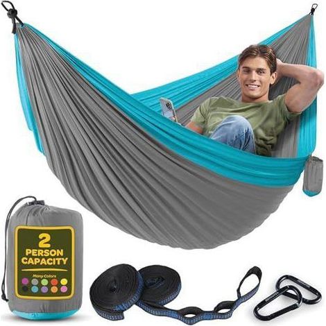 Double Hammock, Flexible, Ultra-Light & Portable, 350 kg Capacity, Ideal for Garden, Camping, Travel, Grey-Blue (1/5)