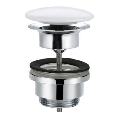 Ceramic pop-up drain valve, drain fitting, 1 1/4 inch brass valve, round ceramic lid with overflow for washbasin/sink, white (1/5)