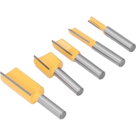 Set mit 5 Hartmetall-2-Schneiden-Bündigfräsern, gerader Schnitt, für Oberfräsen, gelb (1/5)