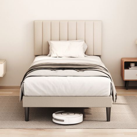 Letto singolo 90×200 cm con testiera regolabile, rete a doghe inclusa, spazio contenitore sotto il letto, portata massima 260 kg, Pearl Grey