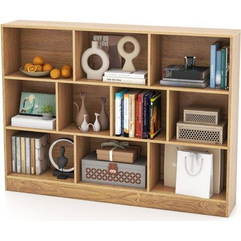 3-Tier Organizer 10-Cube Bookshelf 140CM Wood Display Shelf for Living Room-Natural (1/5)