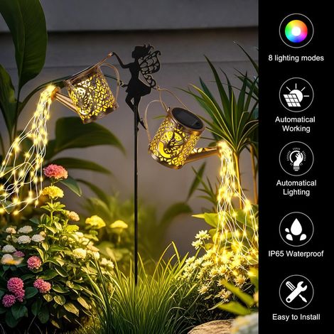 Arrosage Solaire de Jardin Décoratif avec Silhouette de Fée Lampe Solaire Extérieure Étanche Guirlande Lumineuse LED Effet Cascade pour Pelouse Cour Allée Paysage