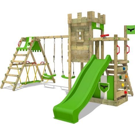 FATMOOSE Wooden climbing frame BoldBaron with swing set SurfSwing and apple green slide, Knight's playhouse with sandpit, climbing ladder & play-accessories (1/5)