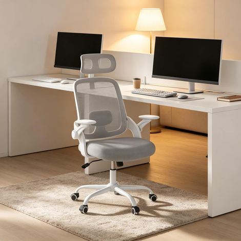 Sedia da ufficio con schienale alto, poggiatesta regolabile, grigio chiaro DESVIAE (1/4)