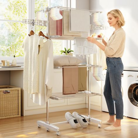 Étendoir à Linge 4 Niveaux, Sechoir a Linge avec 6 Roulettes, Pliable, Cadre en Acier Inoxydable et Ailes Latérales, pour Intérieur Extérieur, 142 x 55 x 172 cm, Blanc (1/5)