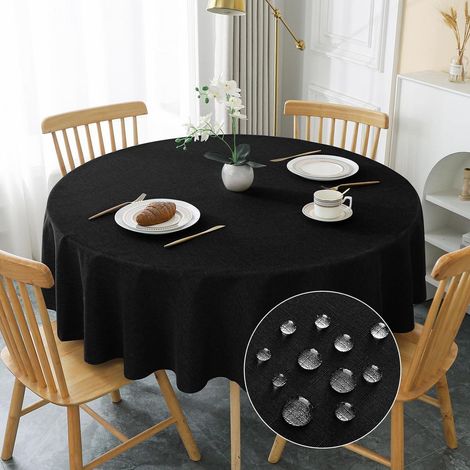 Nappe ronde 180cm Noir Aspect lin Lavable Imperméable Résistant aux rayures