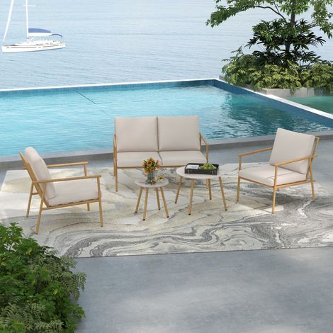 Ensemble jardin 5 pièces 4 personnes : canapé 2 places, 2 fauteuils, 2 tables basses, coussins inclus, cadre acier – Outsunny (1/4)