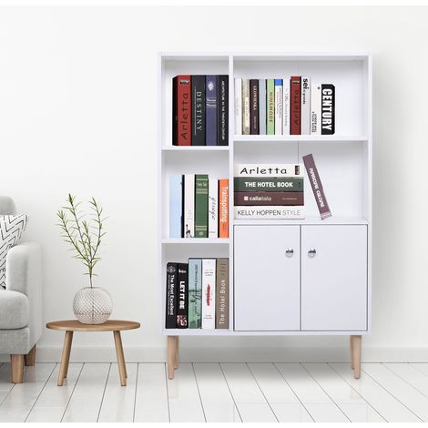 Platzsparendes Bücherregal mit 2 Türen für das Wohnzimmer, Spanplatte, 80 x 23,5 x 123 cm, Weiß
