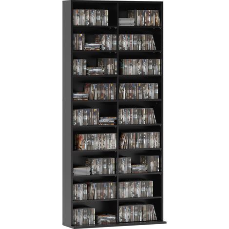 Mobile contenitore per CD e DVD con 18 scomparti, capacità massima 640 CD/360 DVD/430 Blu-ray, 78,5 x 24 x 175 cm, nero.