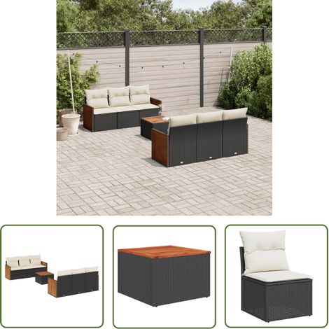 The Living Store Salon de jardin 7 pcs avec coussins noir résine tressée - Ensemble Salon De Jardin - Meuble De Jardin - Mobilier Extérieur - Salon De Jardin Design - Fauteuil De Jardin (1/5)
