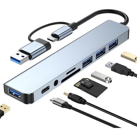 Hub USB-C/USB 3.0 haute vitesse 8 en 1, station d'extension 8 ports avec lecteur de cartes SD/TF, compatible avec MacBook/iPhone/iPad et consoles de jeux (1/5)
