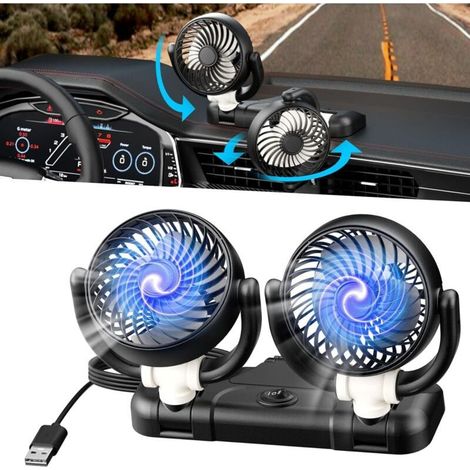 Ventilatore per auto a doppia testa da 5 V – Rotazione a 360° – Silenzioso – 2 velocità – Per camion, furgoni, SUV, camper (1/3)
