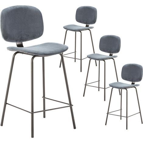 GARY - Lot de 4 Tabourets en Velours Côtelé Bleu Piétement Métal Noir (1/5)