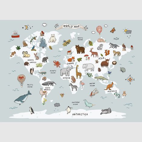 Papier peint intissé - Carte du monde dessinée avec des animaux blancs et bleus - 375x270 cm (1/4)