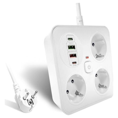 Multiprise à 3 voies avec 2 ports USB-A et 2 ports USB-C, adaptateur secteur avec câble d'extension de 2 m (250 V/16 A), multiprise pour bureau et maison (blanche) (1/5)