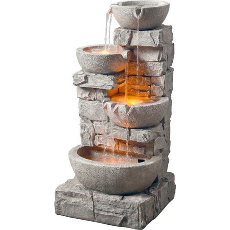 Teamson Home Cascading Bowls & Stacked Stone Outdoor Water Fountain with LED Light, Grey (1/5)