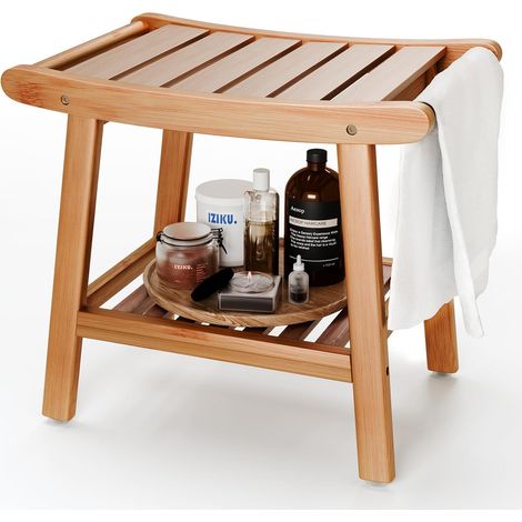 Chaise de Douche en Bambou Double Couche avec Patins antidérapants Grand espace de rangement, design ergonomique incurvé, pieds en caoutchouc antidérapants et capacité de charge de 300 livres (1/5)