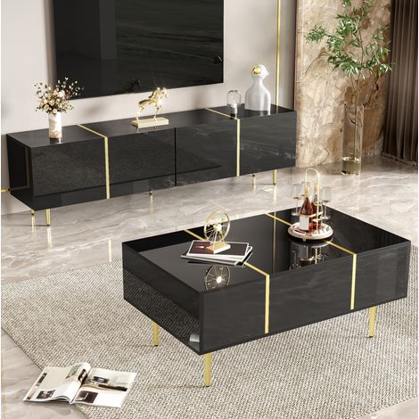 Mobile TV e tavolino 170x35x46 cm in MDF nero lucido, con vani contenitore FloraGrace (1/5)