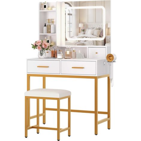 Coiffeuse avec Miroir LED et Tabouret, 3 Modes d'Éclairage, 4 Tiroirs, Prise Électrique Intégrée & Étagères, Set de Maquillage pour Chambre
