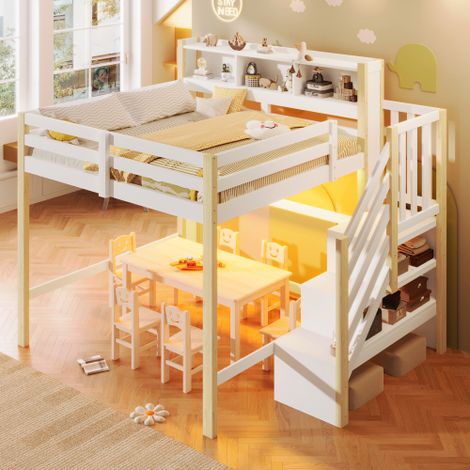 Lit mezzanine 140x200cm avec LED - avec échelle de rangement - compartiments de rangement - Blanc + Naturel (sans matelas)