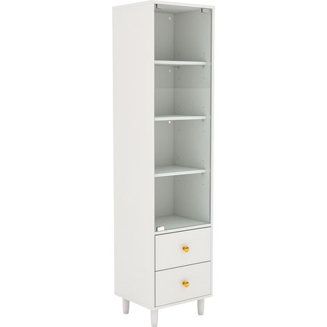 Vitrine avec éclairage LED, bibliothèque moderne avec portes vitrées et 2 tiroirs, vitrine pour objets de collection, style moderne avec poignées dorées, blanc–H165/B40/T35cm (1/5)