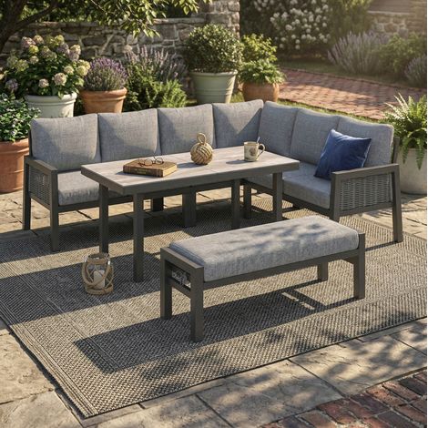 Ensemble de jardin en fer galvanisé 8 places gris avec plateau en verre (1/5)
