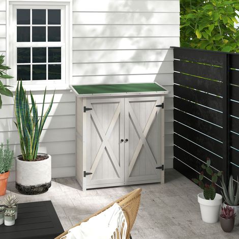 Armoire de jardin 110x55x117 cm en bois gris clair, toit incliné, rangement pour terrasse – MEUBLIV (1/5)