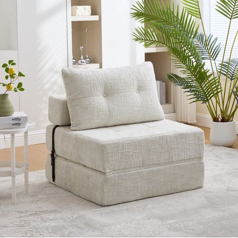 Sofá cama plegable compacto con cojines y chenilla beige OKMYHOME (1/5)