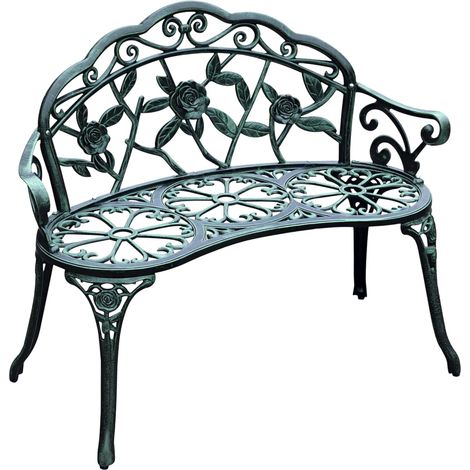 Banc de Jardin 2 Places Style néo-rétro Motif Rose Lignes fuselées 100L x 54l x 78H cm Fonte d'aluminium Vert (1/5)