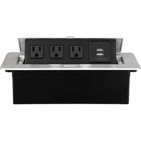 Versenkbare 3-fach-Bodensteckdose, eingelassen in eine Arbeitsplatte, mit 2 USB-Anschlüssen und einem amerikanischen Stecker. (1/5)