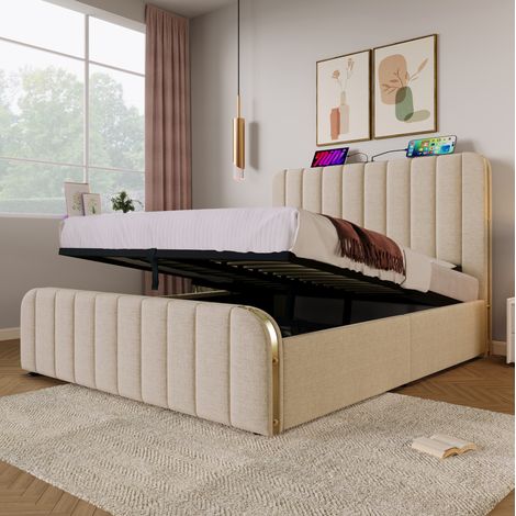 MODFU – Cama de matrimonio con arcón hidráulico 160x200 cm de lino y metal con USB, USB-C, cabecero acolchado, lamas de madera y carga 200 kg – Beige (1/5)