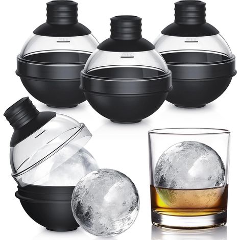 Ensemble de 4 Moule à Glaçons, Silicone Alimentaire, Couvercle Entonnoir, Sphère Ronde, Whisky Cocktail