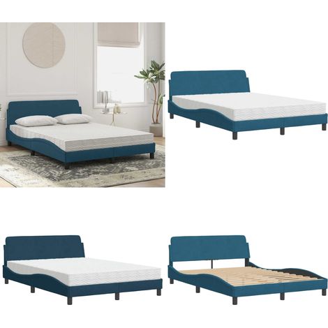 Lit avec matelas bleu 140x190 cm velours - Lit Double - Lit Design - Lit Velours - Lit Avec Matelas - Literie - Home & Living (1/5)