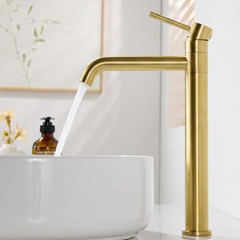 Robinet Salle de Bain Haut Doré Brossé, Mitigeur Vasque à Poser (1/5)