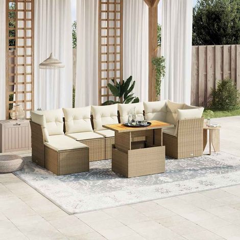 Salon de Jardin 8 Places en Résine Tressée Beige avec Table Réglable et Coussins Lavables - Ensemble Modulaire Jardin avec 3 Sièges d'Angle et 3 Centraux (1/4)
