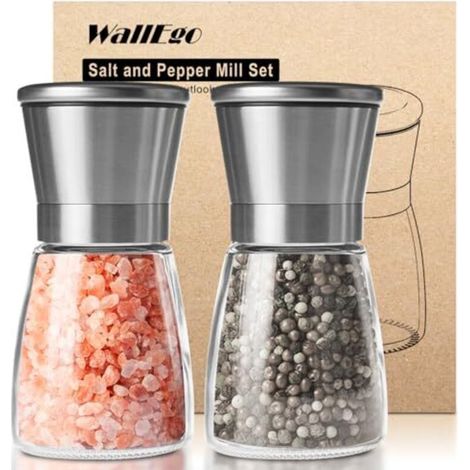 Pepper and salt mill, mills made of brushed stainless steel and glass, adjustable ceramic grinding disc, spice mill, set of 2 [spices not included]