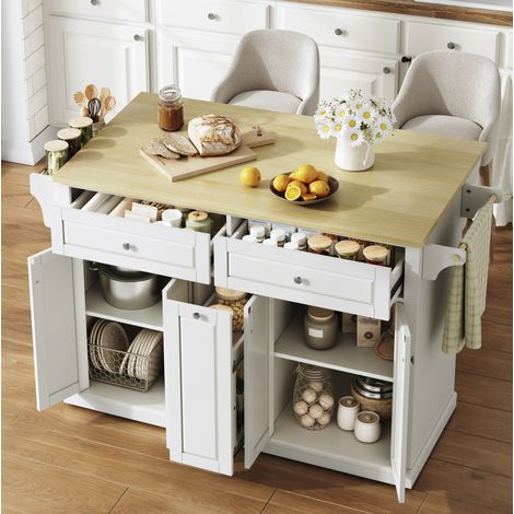 Îlot de cuisine 121x69x89 cm en MDF blanc et bois naturel, extensible pour salle à manger FloraGrace (1/5)