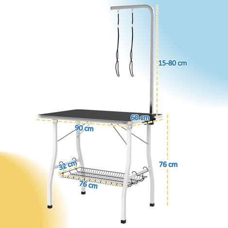 Table de toilettage pour chien, table de toilettage avec bras réglable, compartiment de rangement, surface en caoutchouc, 90 x 60 x 76 cm, noire (1/5)