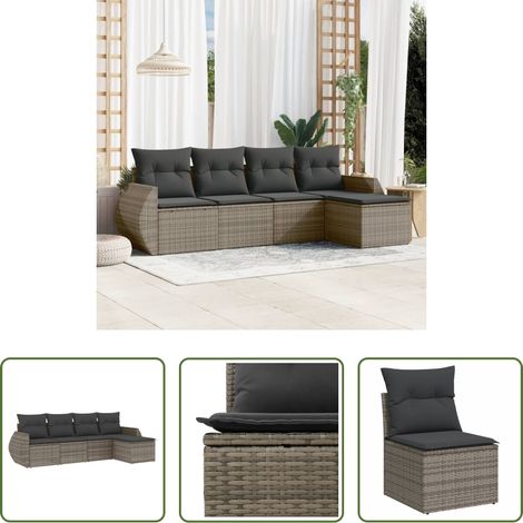 vidaXL Canapé avec accoudoirs - Salon de jardin 5 pcs avec coussins gris résine tressée (1/5)