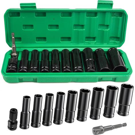 Jeu de 10 douilles à chocs - 10/12/13/14/15/17/19/22/24 mm long et boîtes Douilles hexagonales 1/2" pour réparation automobile (1/5)