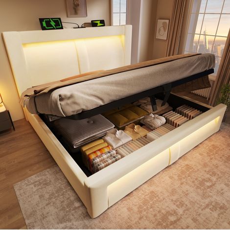 Cama doble con almacenamiento LED y carga beige OKMYHOME (1/5)
