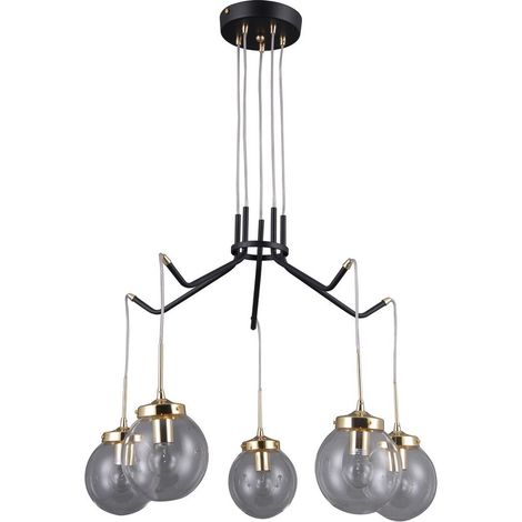 Italux Domenico - Suspension Industrielle Et Rétro Noir Mat, Or 5 Lumières Avec Abat-Jour Clair, E14