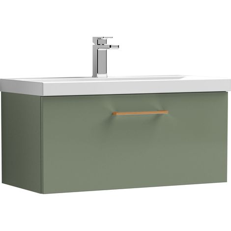 Balterley 800mm Wall Hung Bathroom 1 Drawer Vanity Unit and 1 Tap Hole Ceramic Basin, Satin Green with Copper Handle