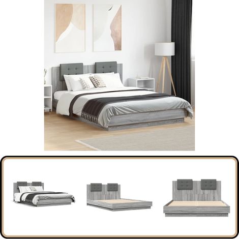 Bettgestell mit Kopfteil Grau Sonoma 140x200 cm Holzwerkstoff - Bettes - Doppelbett - Bettkopfteil - Holzrahmen - Massivholzbette