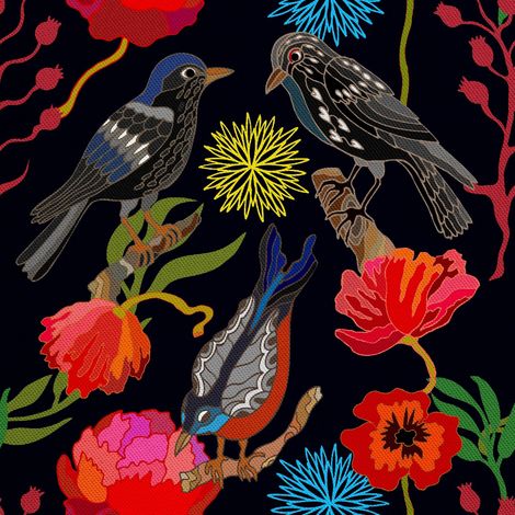 Tela decorativa Oxford para exteriores con estampado de pájaros y amapolas. (1/5)