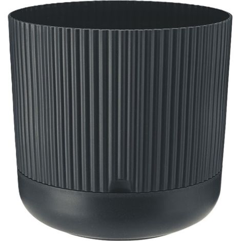 Pot de fleurs en plastique avec soucoupe, couvercle style vintage, 16 cm, couleur anthracite mat, motif rayé (1/4)