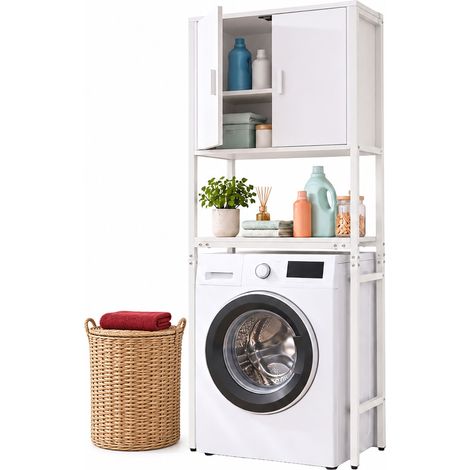 Relaxdays Meuble lave-linge, 3 compartiments, étagère pour lave-linge, sèche-linge, toilettes, 170 x 64 x 27 cm, blanc (1/5)