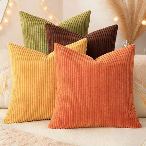 Housse de coussin 40x40cm lot 4 pièces velours côtelé doux gamme orange neutre, accessoire déco pour sofa, lit et banquette maison (1/5)